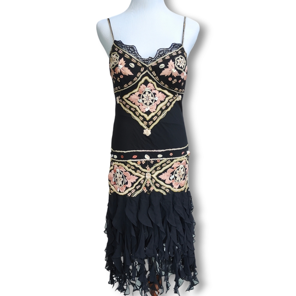 Vintage Sue Wong Y2K Seashell Embroidered Beaded Silk Fairy Dress Size 12